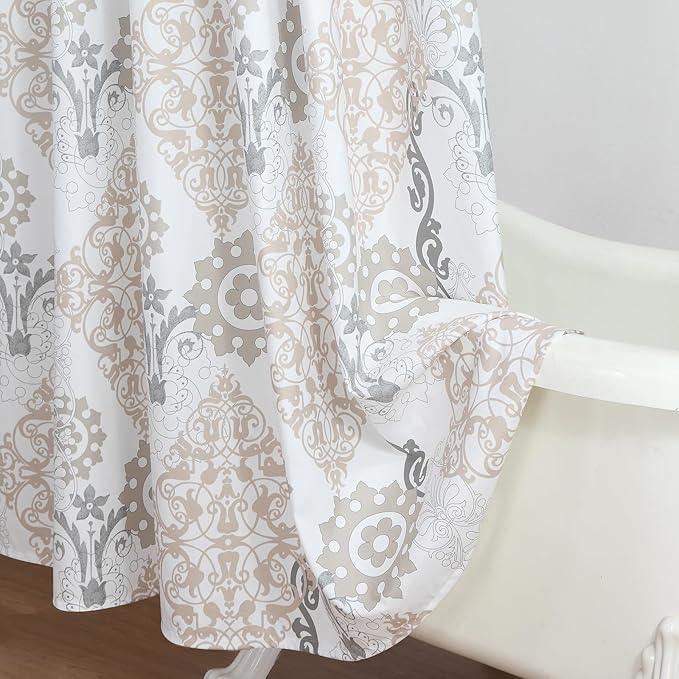 BESTRIPES Fabric Shower Curtain 78 Inches Long, White and Beige Boho Damask Print Shower Curtains for Bathroom, 72" W x 78" H - ModernBath