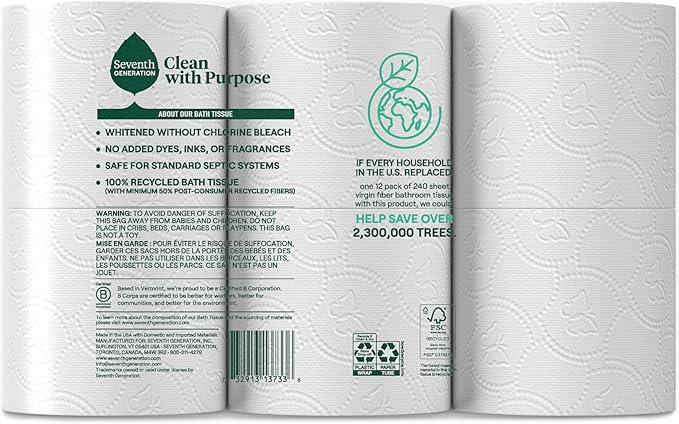 Seventh Generation Toilet Paper Recycled Bath Tissue 4-Pack 100% Recycled Paper 2-ply without Chlorine Bleach 12 Rolls - ModernBath