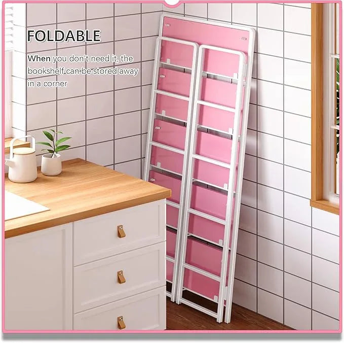 4NM No Assembly 5 Tiers Folding Bookshelf Storage Shelves Vintage Bookcase Standing Racks Study Organizer Home Office (Pink White) - ModernBath