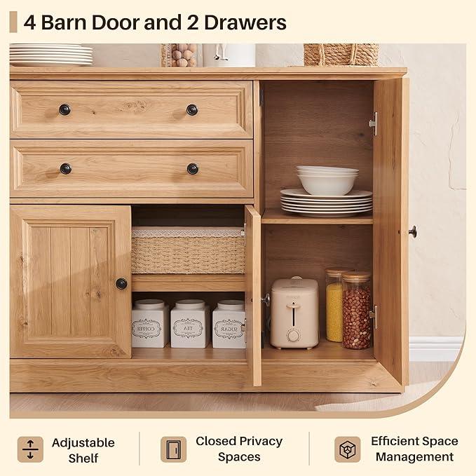 Farmhouse 58" Buffet Cabinet with Storage, 34" Tall Sideboard Cabinet w/2 Large Drawers & 4 Grooved Barn Doors, Wood Rustic Sideboard for Dinning Room, Kitchen, Living Room,Natural - ModernBath
