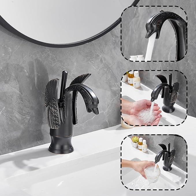 GGStudy Oil Rubbed Bronze Bathroom Faucet Swan Shape Single Handle One Hole Bathroom Vanity Faucet Basin Tap Deck Mount Lavatory - ModernBath
