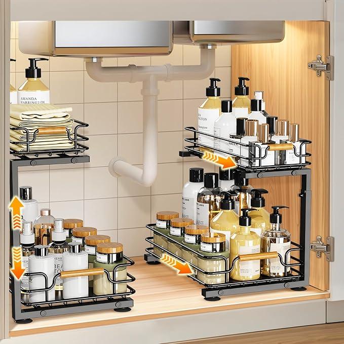 JYPS 2 Pack Under Sink Organizer, 2 Tier Pull out Under Kitchen Bathroom Sink Organizer and Storage, Metal Sliding Drawer for Cabinet Pantry Undersink Organizers Shelf - ModernBath