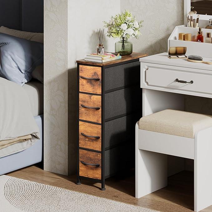Narrow Dresser Storage Tower with 4 Drawers, Slim Dresser Chest of Drawers with Steel Frame, Wood Top, Dresser for Bedroom, Bathroom, Small Spaces, Laundry, Closet (Rustic Brown) - ModernBath