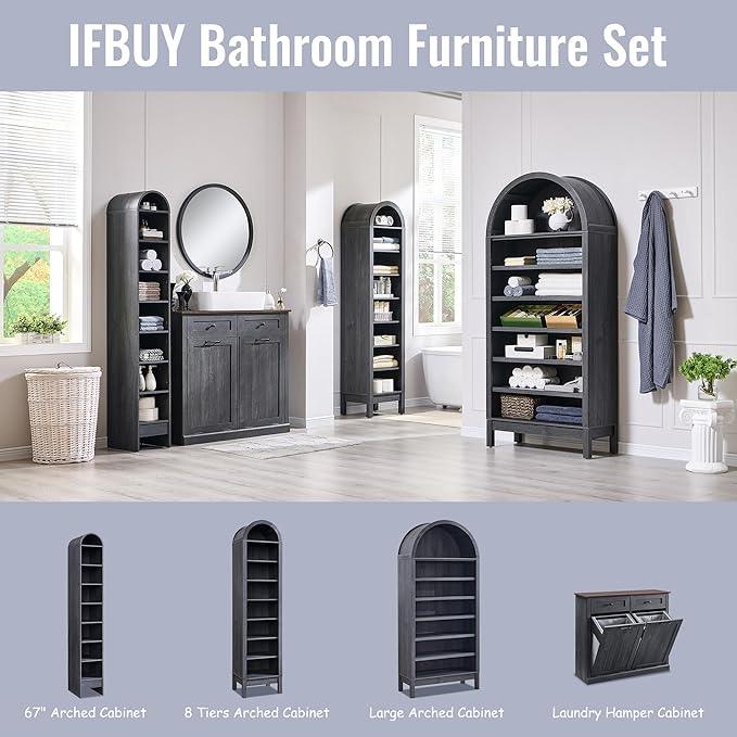 71" Tall Arched Bathroom Storage Cabinet, 7-Tier Modern Farmhouse Storage Cabinet with Adjustable Shelves, Wood Freestanding Cabinet for Bathroom, Living Room, Entryway, Hallway (Dark Grey) - ModernBath