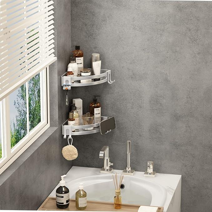 VOLPONE Shower Corner Shelf Caddy 2 Pack shower Organizer No Drill (adhesive mounting, no suction cup) Shower Storage Rust Proof Bathroom Corner Wall Shelf shampoo holder Silver - ModernBath