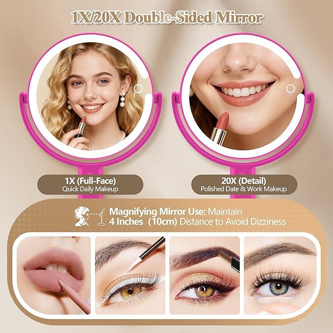 MOMOKUBA Makeup Mirror with Lights, Double Sided 1x/20x Magnifying Mirror with Light, Rechargeable 3 Color Lights and Adjustable Brightness, 360° Rotation Detachable Comes with Tweezer(Hotpink) - ModernBath