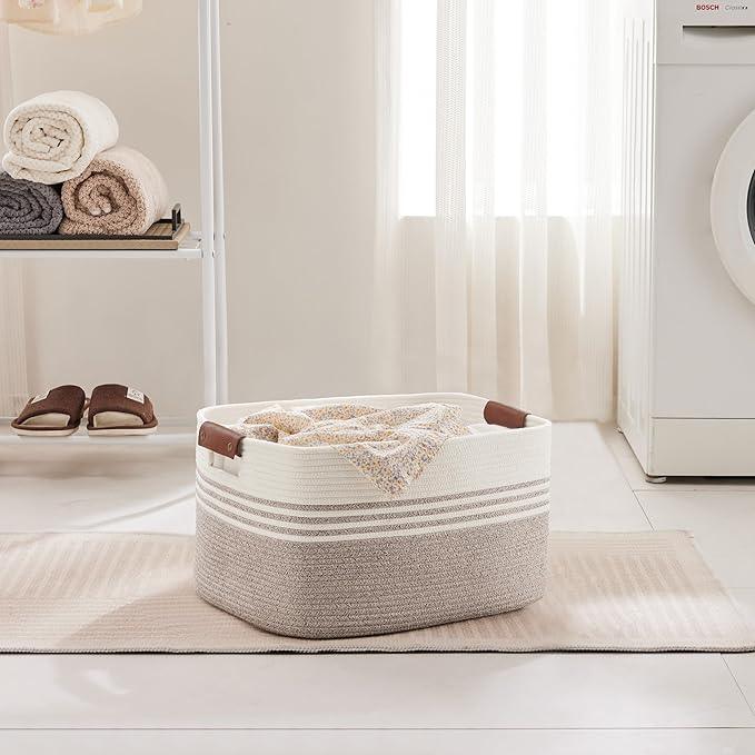 45L Small Laundry Basket with Leather Handles for Living Room Storage, Woven Rope Baskets Bin for Blanket, Kids Toy, Gifts, Wicker Hamper for Bedroom Dirty Clothes, 18"x14"x11" White Brown - ModernBath