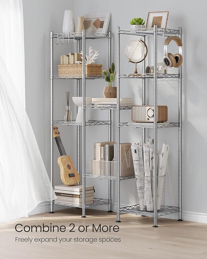 SONGMICS 5-Tier Bathroom Shelf, Storage Rack for Small Space, with 5 PP Shelf Liners, Removable Hook, Extendable Design, Silver and Translucent ULGR023S01 - ModernBath