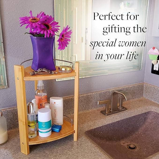 GOBAM Bamboo Shower Corner Caddy, Large - 2 Tier Standing Shower Stand for Shampoo, Conditioner, Lotion, Soap - Caddy Organizer for Kitchen, Bedroom, or Office - ModernBath