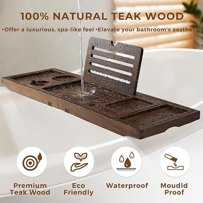 Teak Bathtub Tray, Wooden Tray Caddy for Bathtub, Luxury Bathroom Trays for Home Spa Relaxation, Teak Bathtub Caddy as Housewarming, Wedding Gifts for Women (Walnut Teak) - ModernBath