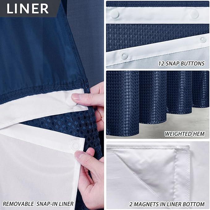 No Hook Waffle Weave Shower Curtain with Snap in Fabric Liner Set,Heavy Duty Textured Bathroom Curtain with See Through Window,Waterproof & Machine Washable,Navy Blue,Stall 36x72 Inch - ModernBath