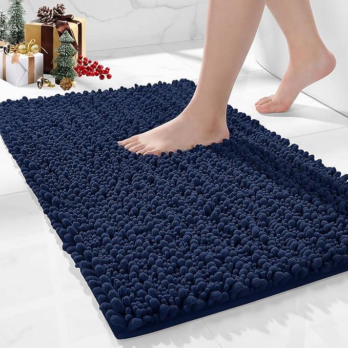 Ruggnovea Chenille Bathroom Rugs Non Slip Washable 32x20, Extra Thick Soft Absorbent Chenille Bath Mat, Non-Slip Barrier Backing, Quick Dry Machine Washable Bath Mats Tub, Shower,Floor/Sink,Navy Blue - ModernBath
