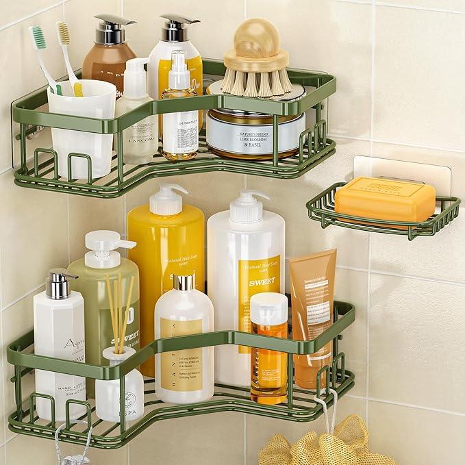 MAXIFFE 3 Pack X-Large Corner Shower Caddy with Soap Holder, Large Capacity Easy Install No Drilling Stainless Steel Hold 40 LB Shower Organizer Shelves Rack for Family Renters Bathroom, Forest Green - ModernBath