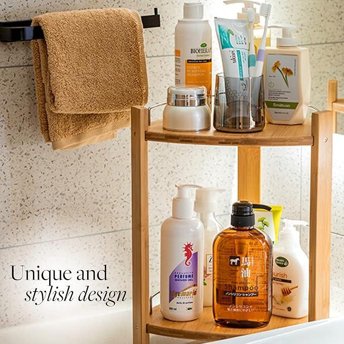 GOBAM Bamboo Shower Corner Caddy, Large - 2 Tier Standing Shower Stand for Shampoo, Conditioner, Lotion, Soap - Caddy Organizer for Kitchen, Bedroom, or Office - ModernBath