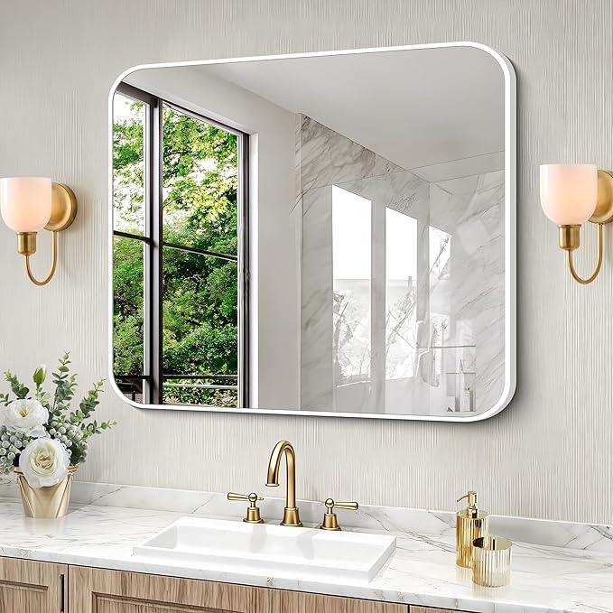 BONEWEI White Bathroom Mirror,30x36 inch Wall Mirror for Bathroom Wall Mounted,Rectangle Mirror for Bathroom Over Sink,Modern Frame Round Corner for Living Room,Bedroom Entryway,Horizontal/Vertical - ModernBath