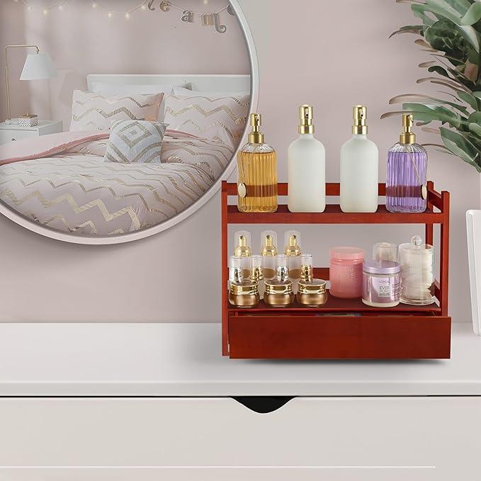 Sorbus Bamboo Bathroom Counter Organizer – 2-Tier Shelf with Hidden Drawer for Vanity, Matcha Station, Bathroom Sink Organizer Countertop, Kitchen & Office Storage (17″ L x 6.5″ W x 12.6″ H) (Brown) - ModernBath