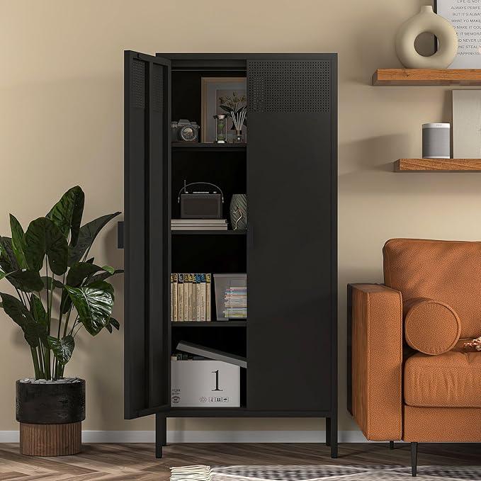 COFaR 4 Tier Black Metal Storage Cabinet, Free Standing with 2 Doors, 3 Adjustable Shelves and Legs, Cupboard Metal Cabinet for Living Room, Kitchen, Dining Room, Office - ModernBath