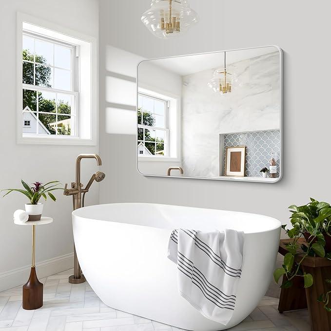 BONEWEI Silver Bathroom Mirror,40x48 inch Wall Mirror for Bathroom Wall Mounted,Rectangle Mirror for Bathroom Over Sink,Modern Frame Round Corner for Living Room,Bedroom Entryway,Horizontal/Vertical - ModernBath