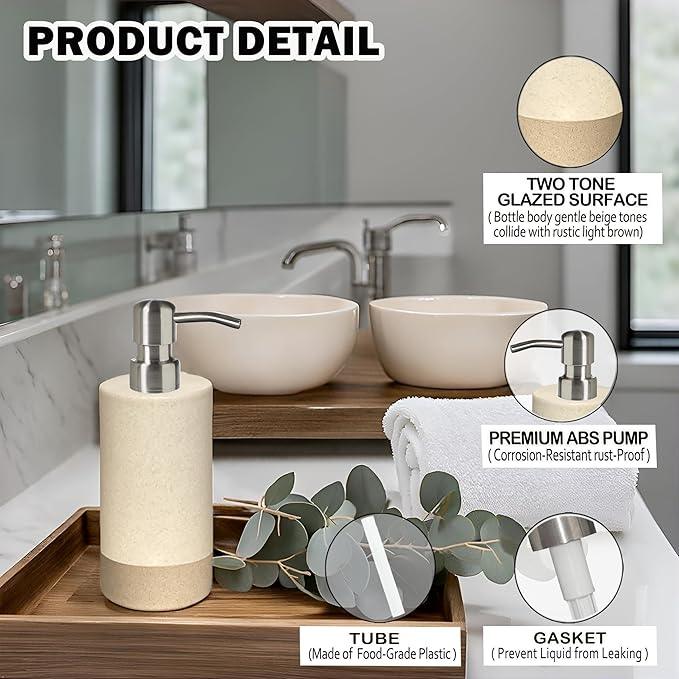 CAAS Bathroom Accessories Set 4, Beige Soap Dispenser for Bathroom, Toothbrush Holder,Tumbler Cup and Soap Dish, New Apartment Essentials, Modern Beige Bathroom Décor (Rustic) - ModernBath