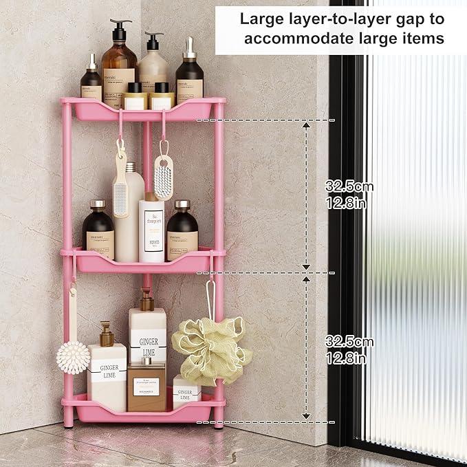 Orimade Rustproof 3 Tier Floor Standing Corner Shower Caddy Organizer, Plastic Metal Splicing Floor Corner Shelf Rack Stands for Bathroom, Pink - ModernBath