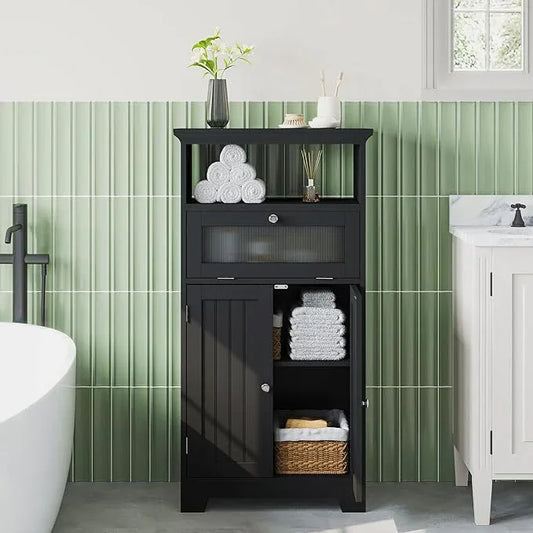 ChooChoo Freestanding Bathroom Cabinet with Flip Glass Drawer, 2 Doors, Adjustable Shelf, Open Storage for Bathroom, Living Room, Hallway, Black - ModernBath