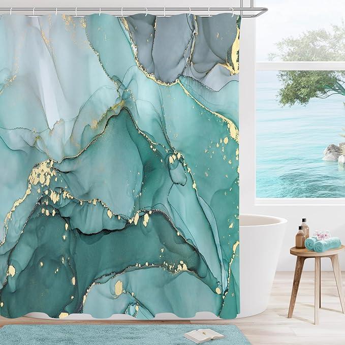 Gibelle Small Stall Shower Curtain 36 x 72, Narrow Half Abstract Turquoise Marble Shower Curtain, Modern Ink Art Waterproof Fabric Shower Curtain Set with Hooks - ModernBath
