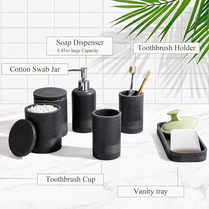 Bathroom Accessories Set, 6-Piece Bathroom Accessory Set, Toothbrush Holders Set, Soap Dispenser, Vanity Tray, Tumbler, Cotton Swab Jars, Bathroom Organizer for Modern Bathrooms(Black) - ModernBath