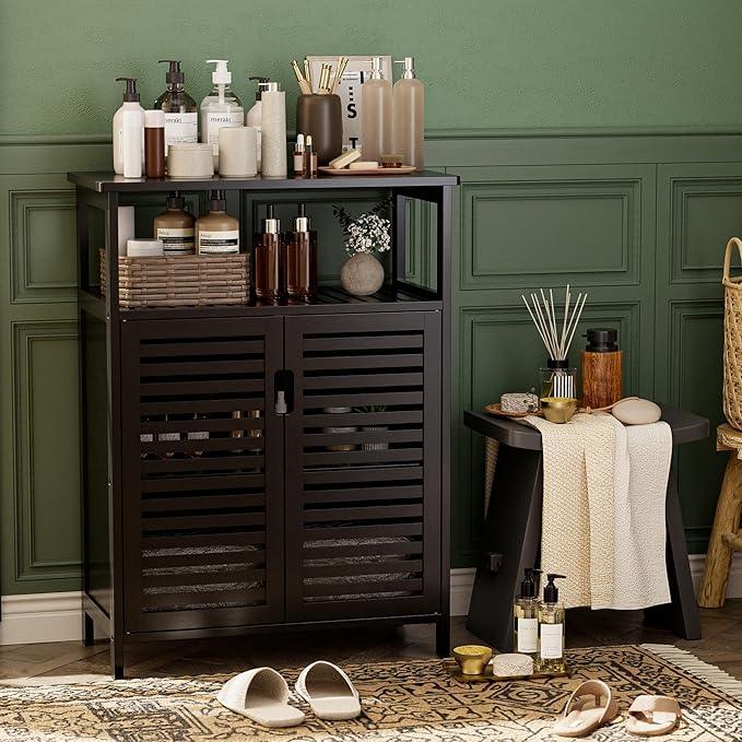 HITNET Black Bathroom Storage Cabinet, Freestanding Bamboo Floor Cabinet 4 Tier Tall Kitchen Cupboard with Door and Shelves - ModernBath