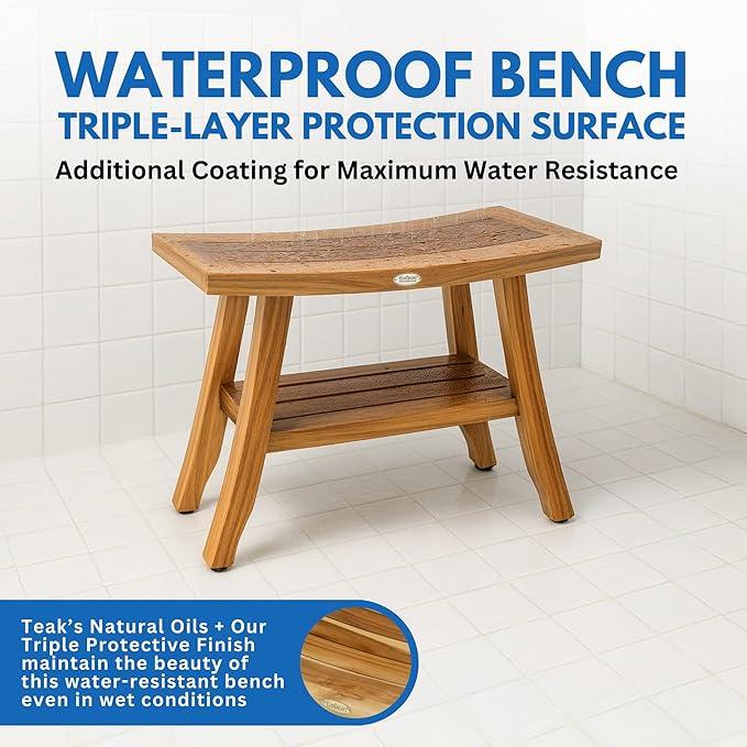 EcoDecors 28" Satori Teak Shower Bench –Bath Seat, Natural Wood Finish Water-Resistant Spa Bench | Slatted Design & Adjustable Feet for Indoor Outdoor Use | Sturdy & Safe - ModernBath