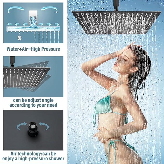Shower Faucet Set Matte Balck Rain Shower System with High Pressure 12 Inches Rain Shower Head and Handheld Spray Bathroom Luxury Rain Mixer Shower Complete Combo Set Ceiling Mounted - ModernBath