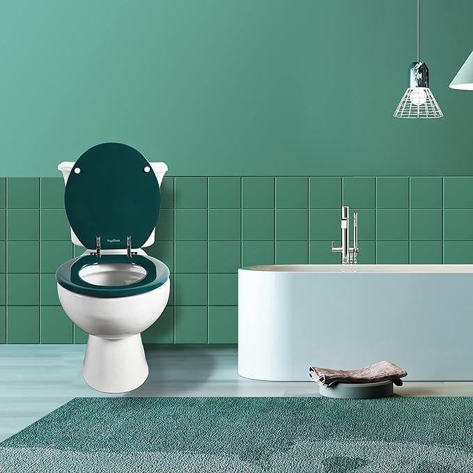 Dark Green Round Toilet Seat Natural Wood Toilet Seat with Zinc Alloy Hinges, Easy to Install also Easy to Clean, Scratch Resistant Toilet Seat by Angol Shiold (Round, Dark Green) - ModernBath
