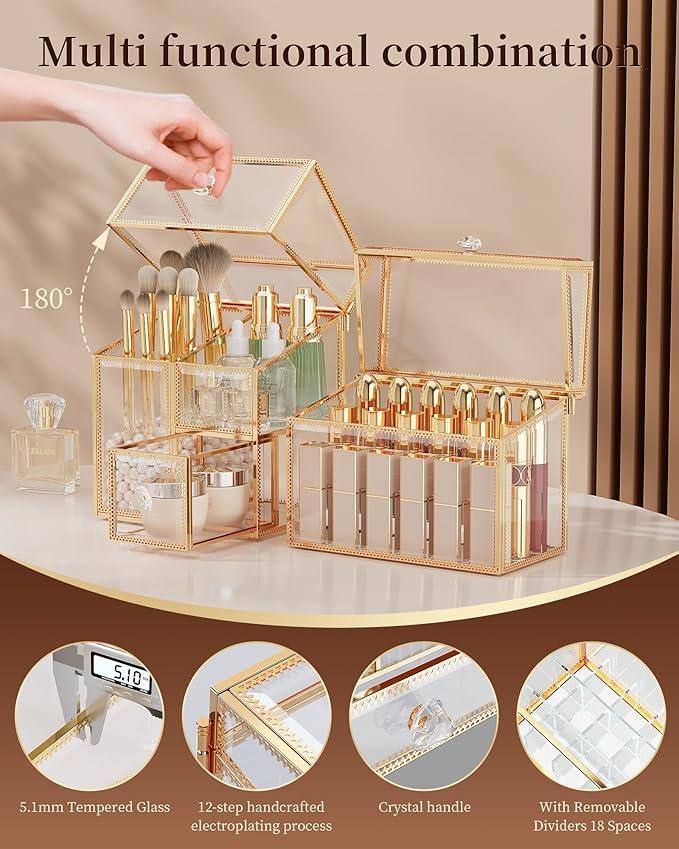 CoralHouse Glass Makeup Organizer Set – Vanity Organizer with 18-Slot Lipstick Organizer & Makeup Brush Holder with Lid – Skincare, Perfume & Cosmetic Storage for Bathroom or Dresser - ModernBath