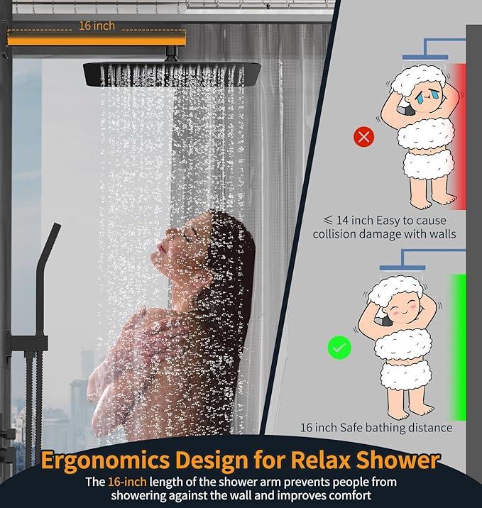 SR SUN RISE Matte Black Square Rainfall Shower Head and Handle Set, Wall Mounted Shower Fixtures, Metal Shower Faucet Trim Repair Kits (With Shower Valve) 16 Inches - ModernBath