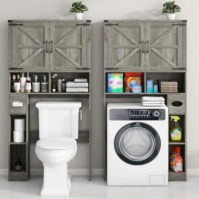 Vabches Over The Toilet Storage Cabinet, Farmhouse Storage Cabinet Over Toilet with 2 Barn Doors & Toilet Paper Holder Stand，Home Space-Saving Toilet Rack, for Laundry, Bathroom, Restroom.Grey Oak - ModernBath