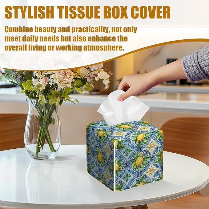 Watercolor Lemon Tissue Box Cover 2PCS, Blue Tile Leather Tissue Box Holder Square Facial Paper Case Tissue Box Cube Organizer for Bathroom Bedroom Desk Office - ModernBath