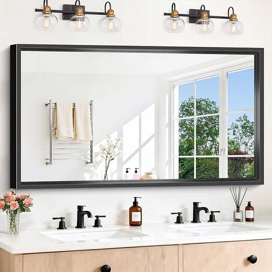CIVENO Black Rectangle Mirror, 55 x 30 Inch Bathroom Mirrors for Over Sink, 0.6" Thickened Deep Frame Brushed Black Mirrors for Wall, Shatterproof Tempered Glass, Antirust, Horizontally or Vertically