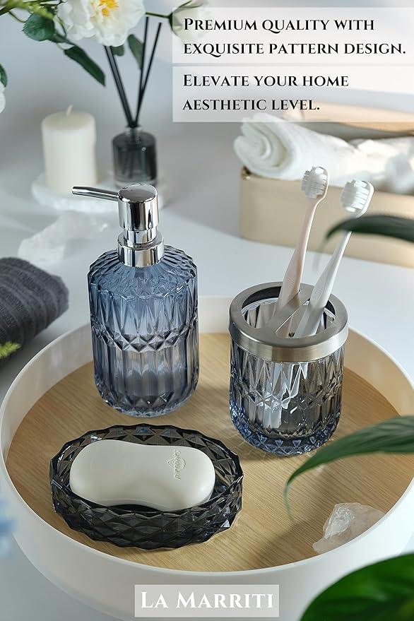 LaMarriti Blue Bathroom Accessories Set, 4Pcs Clear Glass Bathroom Accessories, Lotion Soap Dispenser Set, Toothbrush Holder, Qtips Holder, Soap Dish for Crystal Modern Bath Decor, Set - ModernBath