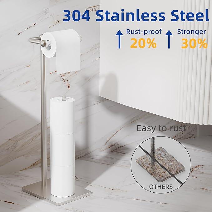 RUACQ Toilet Paper Holder Stand, Bathroom Toilet Paper roll Holder Free Standing with Storage for 4 Rolls, Post Pivoting Design, Stable Weighted Base, SUS304 Stainless Steel (Brushed Nickel) - ModernBath