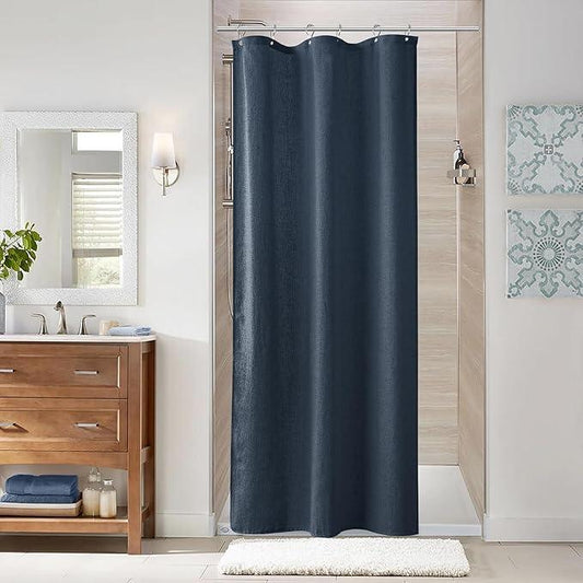 Naturoom Denim Blue 36 Inch Shower Curtain - Stall Narrow Half Linen Ultra Thick Fabric Shower Curtain Set with Hooks, Boho Farmhouse Rustic RV Camper Bath Curtains for Bathroom, 36x72 - ModernBath