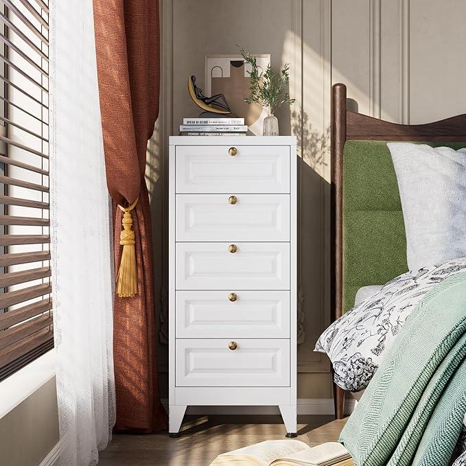 5 Drawer Dresser for Bedroom, Metal Storage Cabinet with Drawers and Leg, Vintage-Style Metal Storage Chest for Bathroom, Living Room, Required Assembly, White - ModernBath