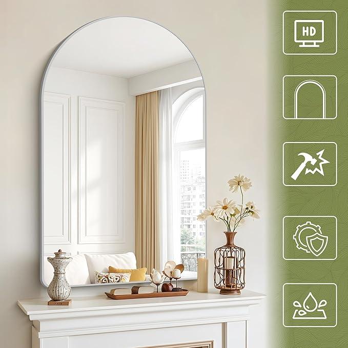 Arched Bathroom Mirror, 30"x48" Silver Arched Mirror for Bathroom, Wall Mounted Mirror, Silver Vanity Wall Mirror w/Metal Frame for Bedroom, Entryway, Living Room, Hanging or Leaning Against - ModernBath