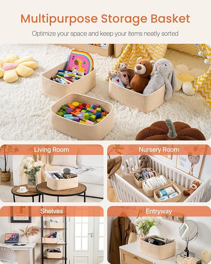 Small Woven Basket, 13.5 x 9.5 x 5 Inches, Storage Basket for Organizing, Cute Small Rope Shelf Closet Cube Storage Bins Baskets for Shelves, Dog Toy Gift Baskets Empty, 3 Packs, Beige - ModernBath