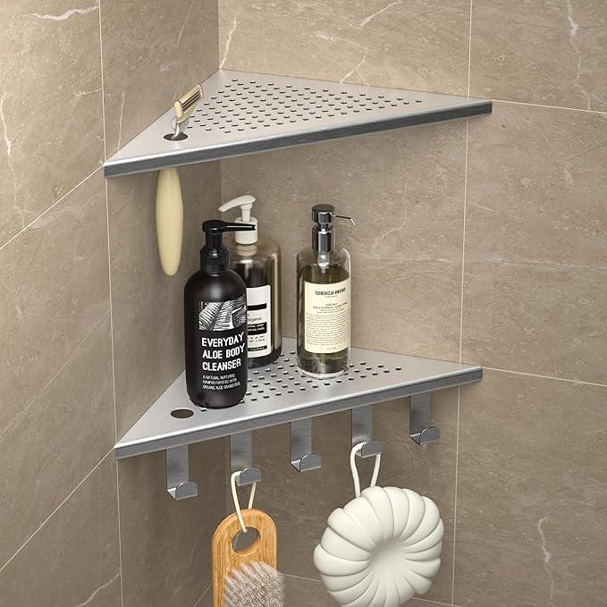 Grout in Shower Shelves with Hooks, 304 Stainless Steel Corner Bathroom Shelf for Tiled Wall (Brushed, 10'' x 10'') - ModernBath
