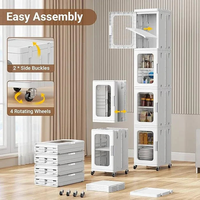 BROVIEW 4-Tier Tall Narrow Storage Cabinet Organizer, Slim Bathroom Cabinets with Adjustable Shelves and Doors, Plastic Kitchen Pantry Organizers and Storages for Small Space, Laundry, White - ModernBath