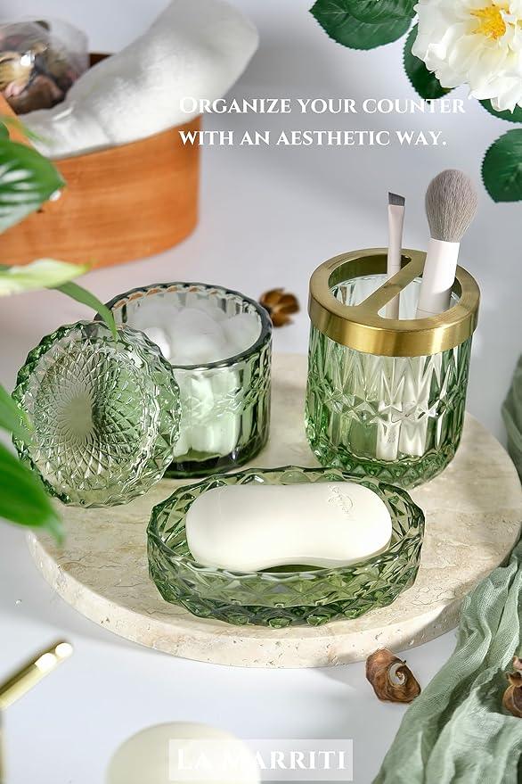 LaMarriti 4pcs Glass Bathroom Accessories Set, Clear Green Bathroom Soap Dispenser Set, Toothbrush Holder, Soap Dish, Soap Dispenser, Qtips Holder Set for Crystal Vintage Bath Decor (Green) - ModernBath