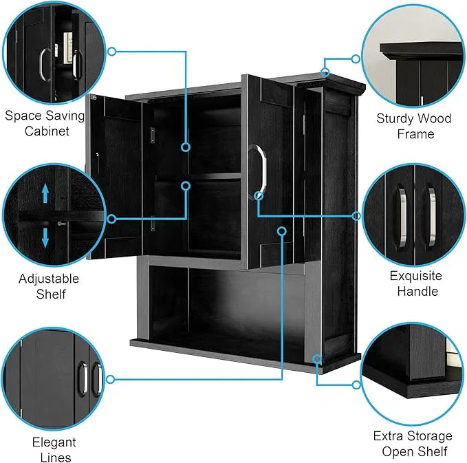 ChooChoo Wood Wall Cabinet with Doors, Medicine Cabinet with Adjustable Shelves Over The Toilet, Hanging Cabinet Wall Mounted for Bathroom, Kitchen, Living Room, Black - ModernBath