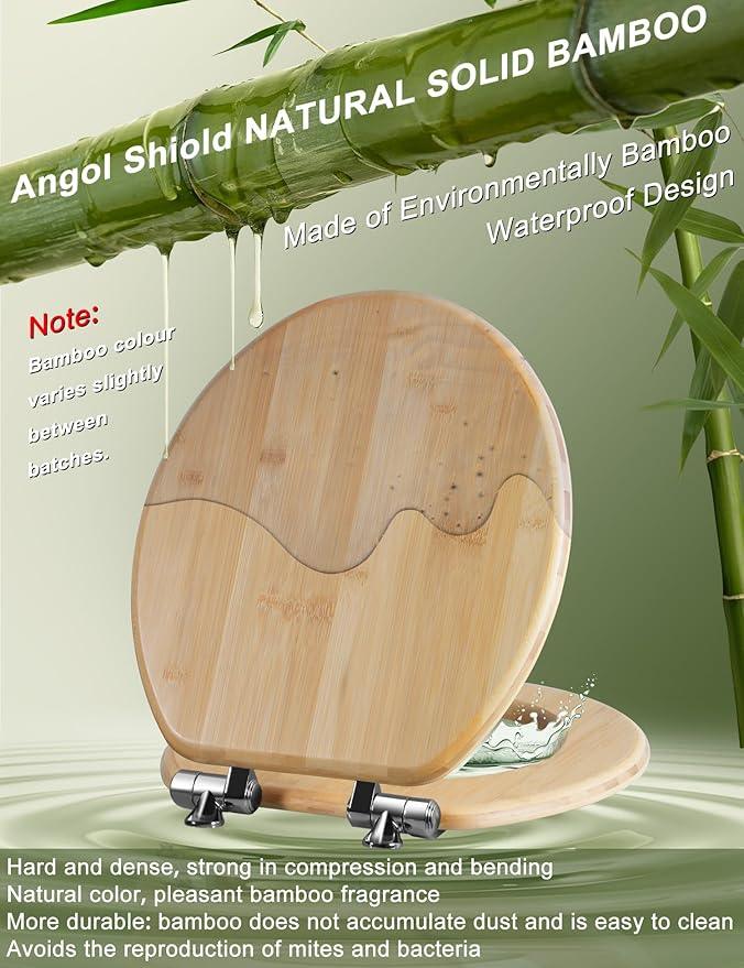 Angol Shiold ROUND Bamboo Wood Toilet Seat Soft Close Zinc Alloy Strong Hinges, Light, Easy to Install & Clean, Up to 400 lbs (Elongated 16.5", Natural Bamboo) - ModernBath