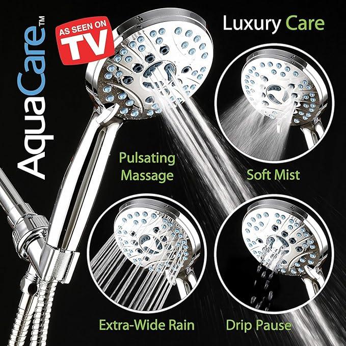 AquaCare High Pressure 8-mode Handheld Shower Head - Anti-clog Nozzles, Built-in Power Wash to Clean Tub, Tile & Pets, Extra Long 6 ft. Stainless Steel Hose, Wall & Overhead Brackets - ModernBath