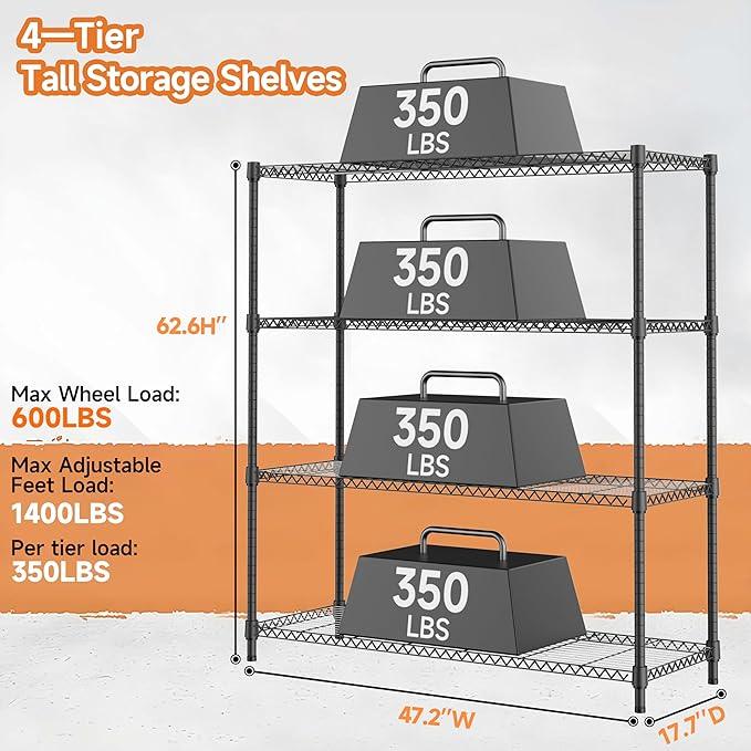 4 Tiers Storage Shelves Load 1400LBS, Metal Shelving Wire Metal Shelving Unit Shelves for Storage Adjustable Garage Shelving for Pantry Kitchen Garage Black 17.7" D x 47.3" W x 62.7" H - ModernBath