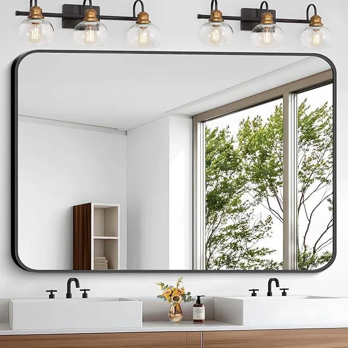 CIVENO Bathroom Mirror, 48x36 inch Black Rectangle Wall Mirror, Metal Frame Rounded Corner Vanity Mirror, Large Wall Mounted Mirror for Over Sink Bedroom Living Room Horizontal Or Vertical Mounting - ModernBath